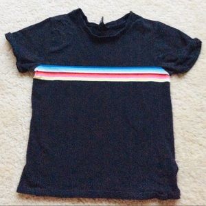 black shirt with rainbow stripes on both sides